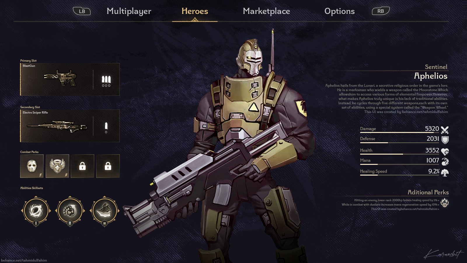 Hero select screen with a sentinel soldier, weapon stats and loadout slots. Game UI design by Karambit.