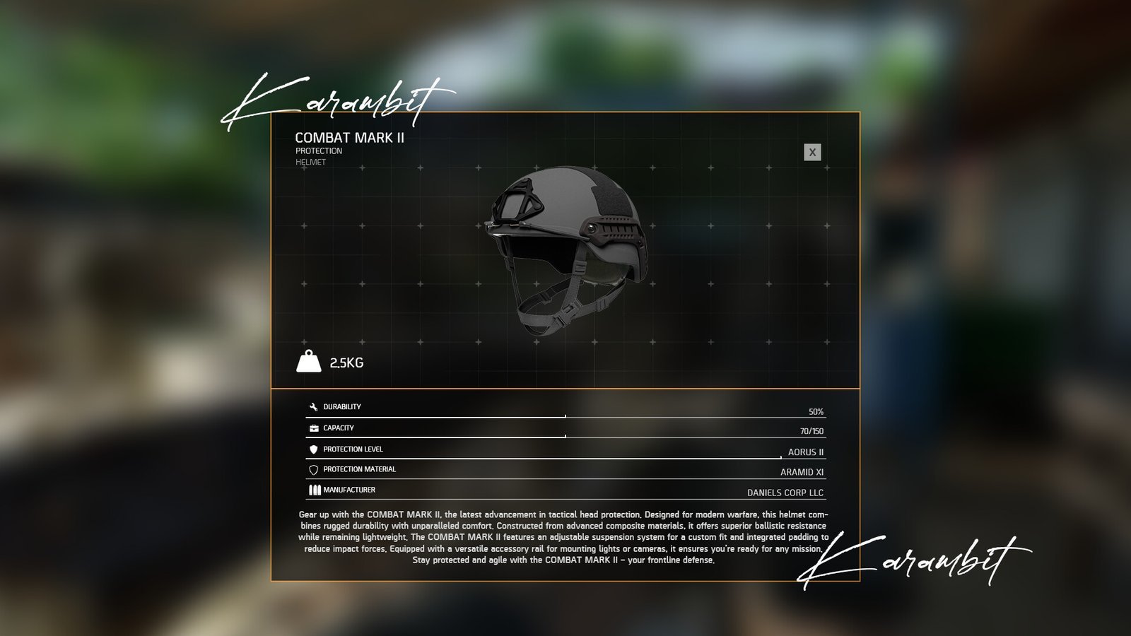 Item detail panel for a combat helmet with stats. Game UI design by Karambit.