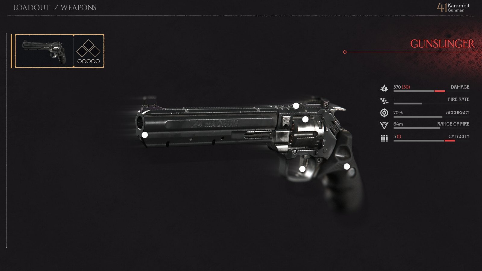 Loadout and weapon screen showing a revolver with stat bars. Game UI design by Karambit.