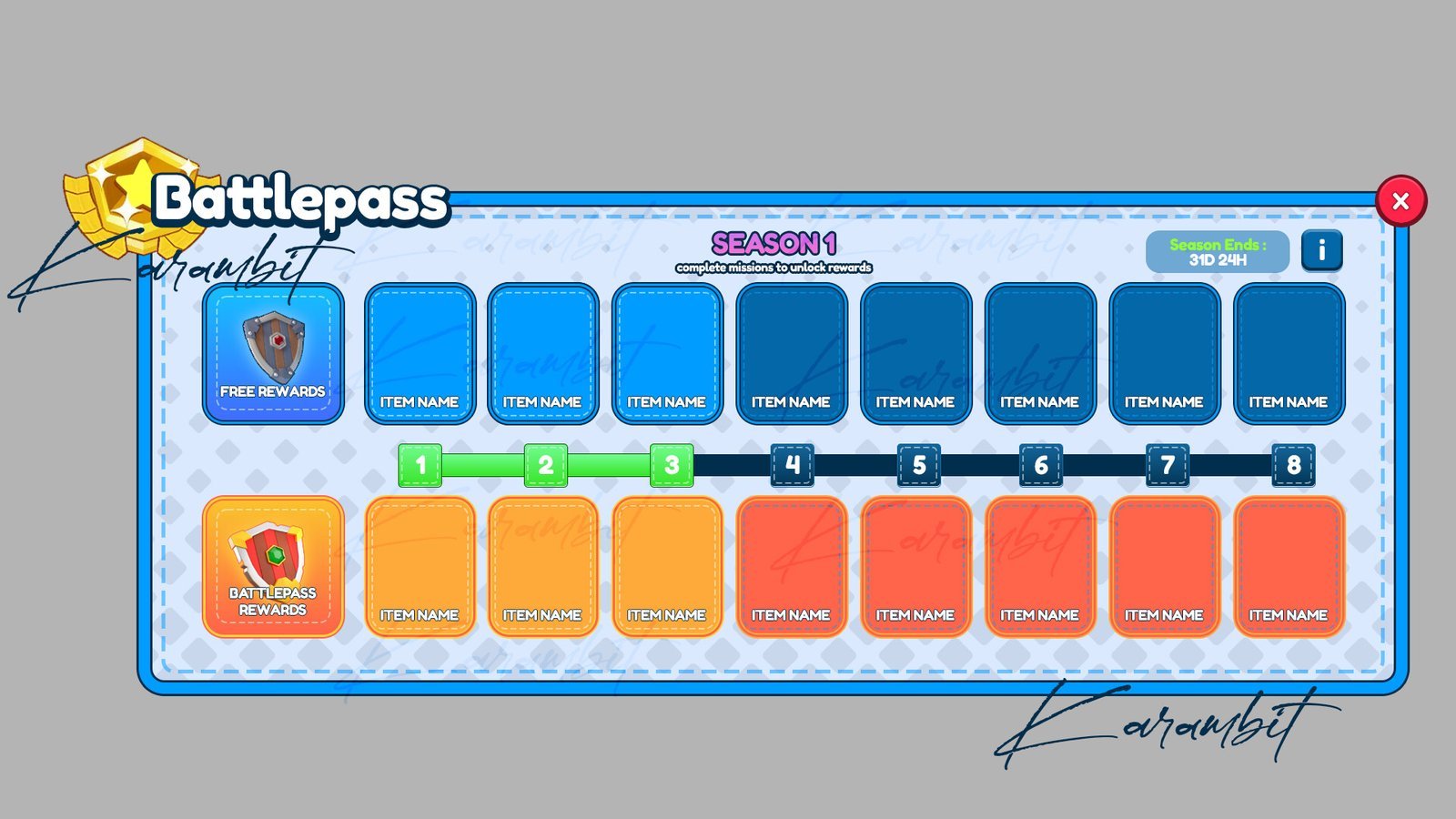Cartoon-style battlepass screen with free and premium reward rows. Game UI design by Karambit.