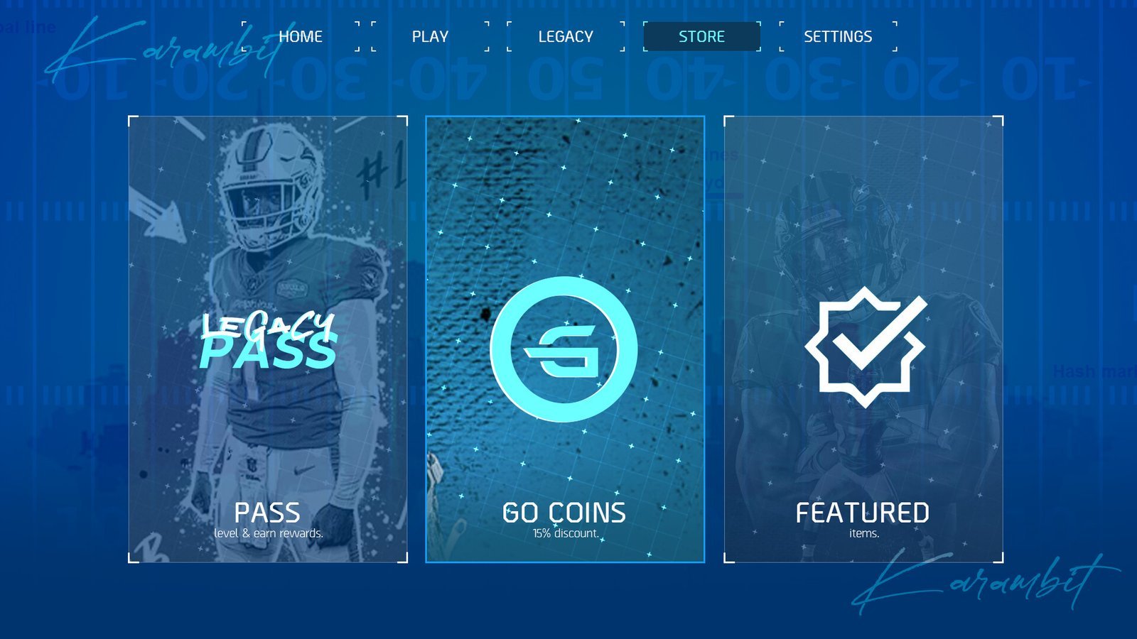 Store screen with pass, coins and featured tiles for a football game. Game UI design by Karambit.