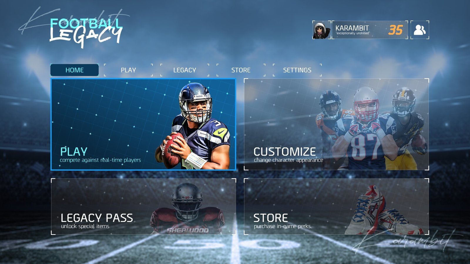 Football Legacy home menu with play, customize, legacy pass and store tiles. Game UI design by Karambit.