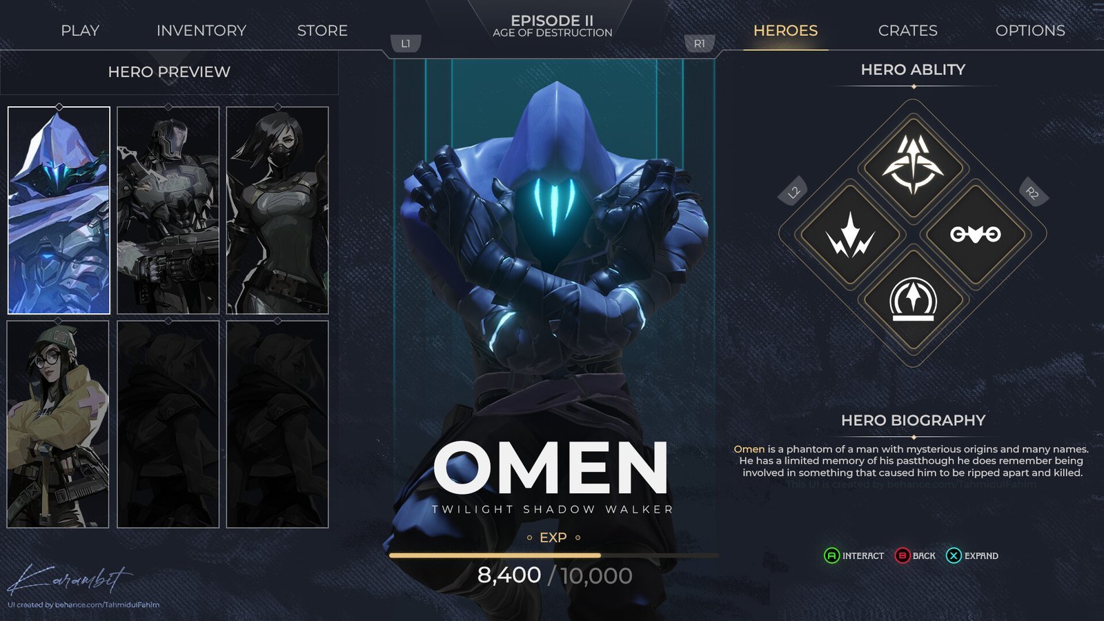 Hero preview screen for Omen with abilities and biography. Game UI design by Karambit.