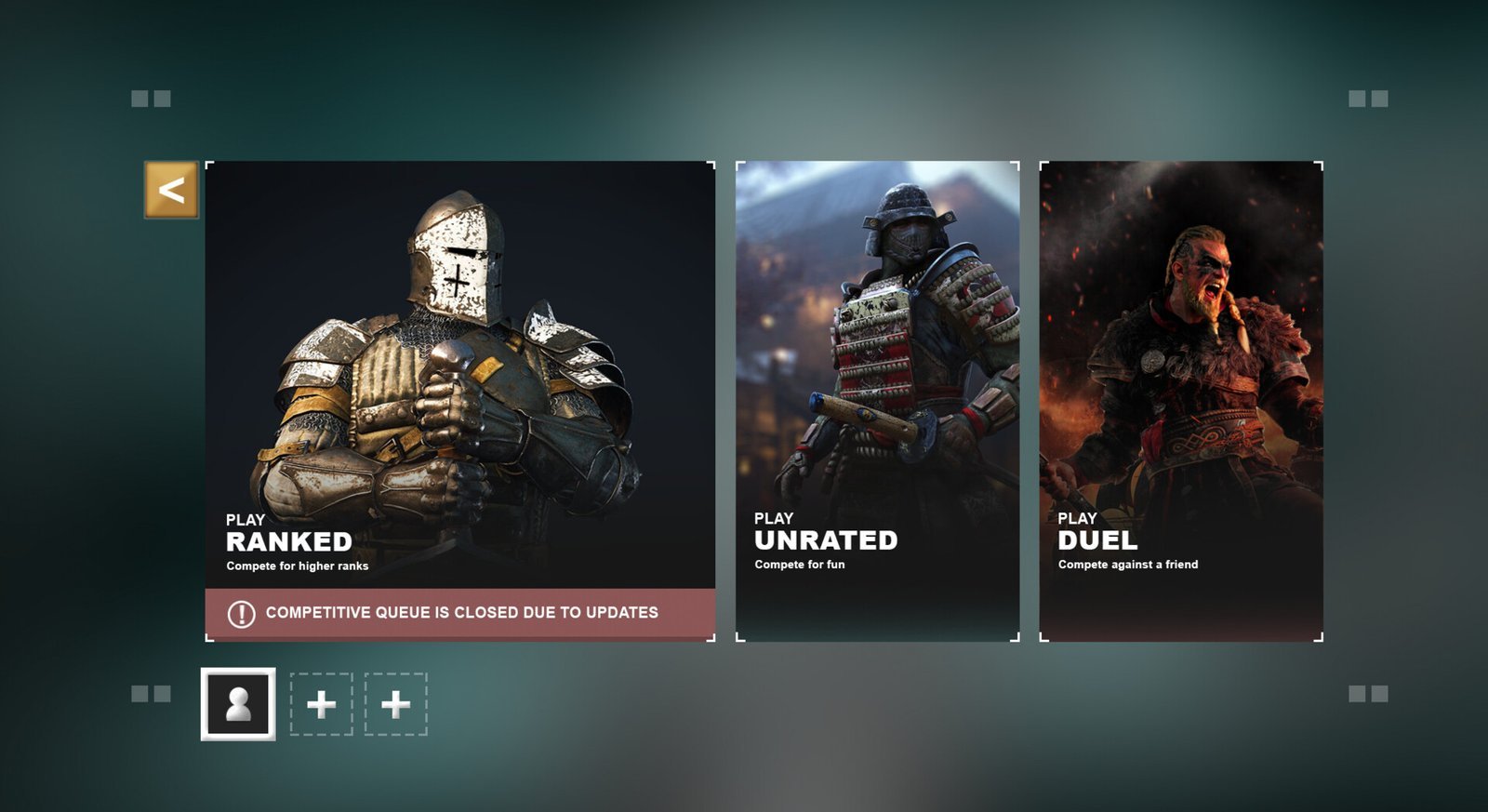 Mode select screen with ranked, unrated and duel character cards. Game UI design by Karambit.
