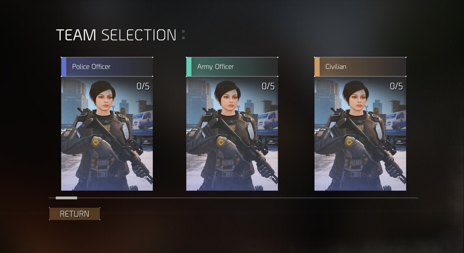 Team selection screen with police, army and civilian character cards. Game UI design by Karambit.