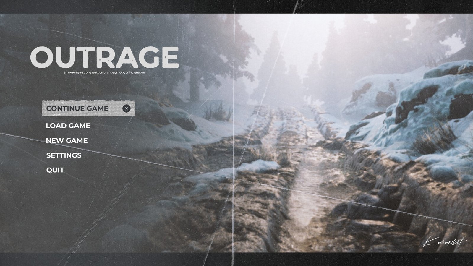 Outrage main menu over a snowy landscape. Game UI design by Karambit.