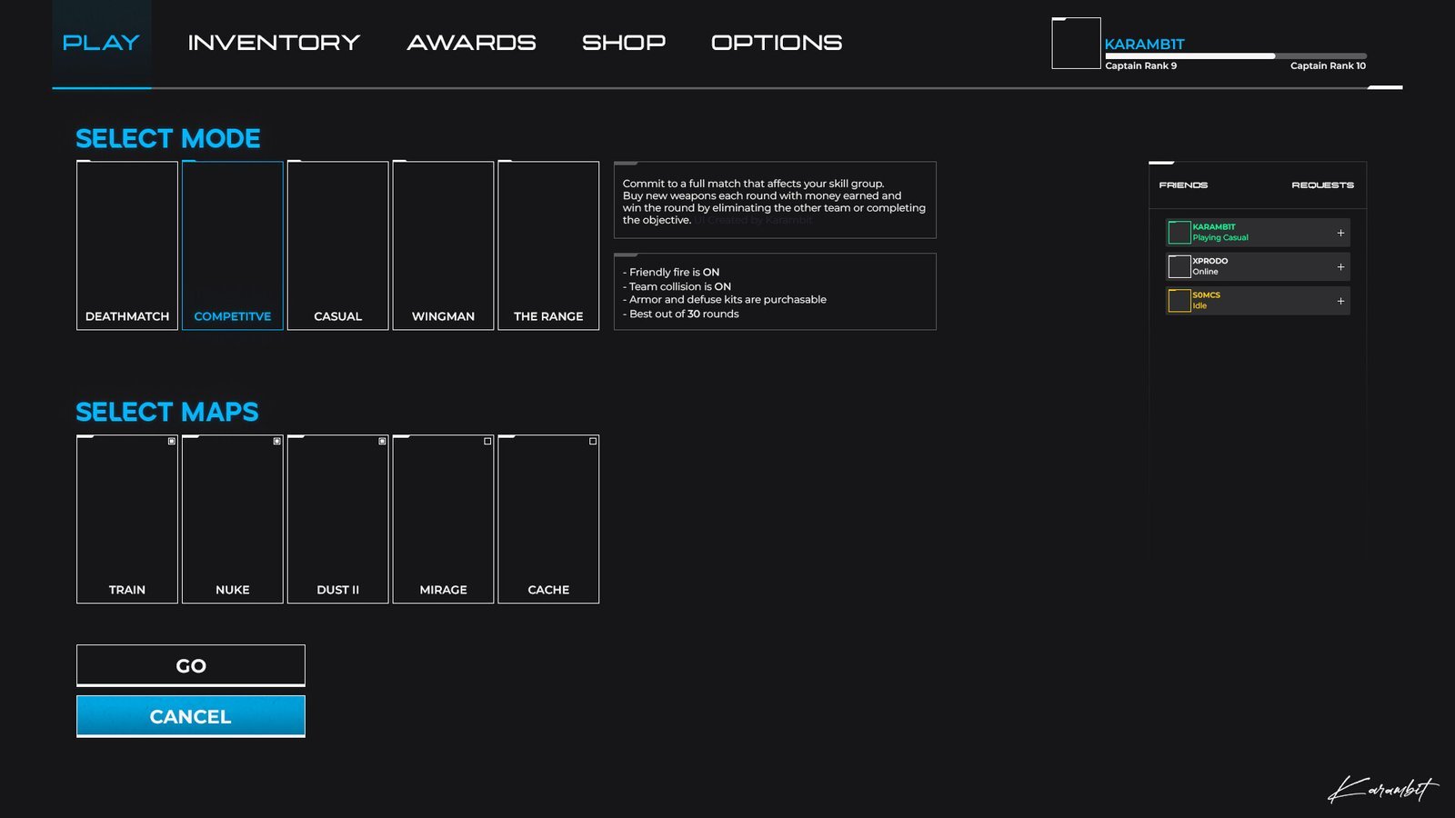 Play menu with mode and map selection. Game UI design by Karambit.
