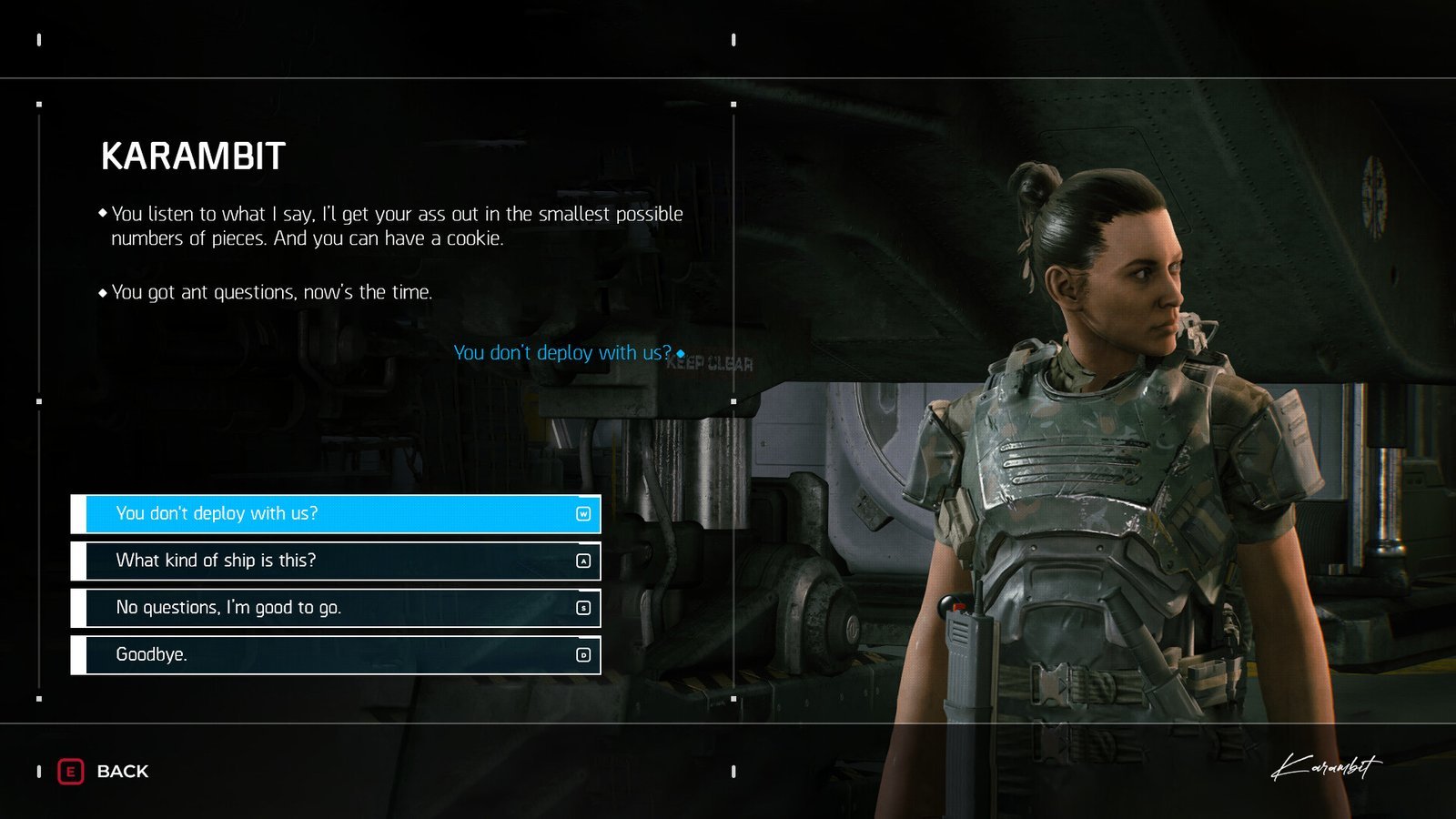 In-game dialogue screen with response options. Game UI design by Karambit.