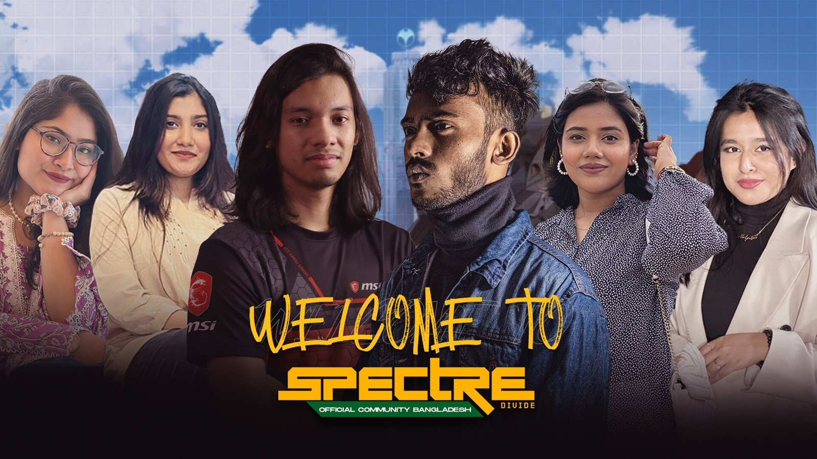 Welcome banner for the Spectre community with a group of members. Design by Karambit.