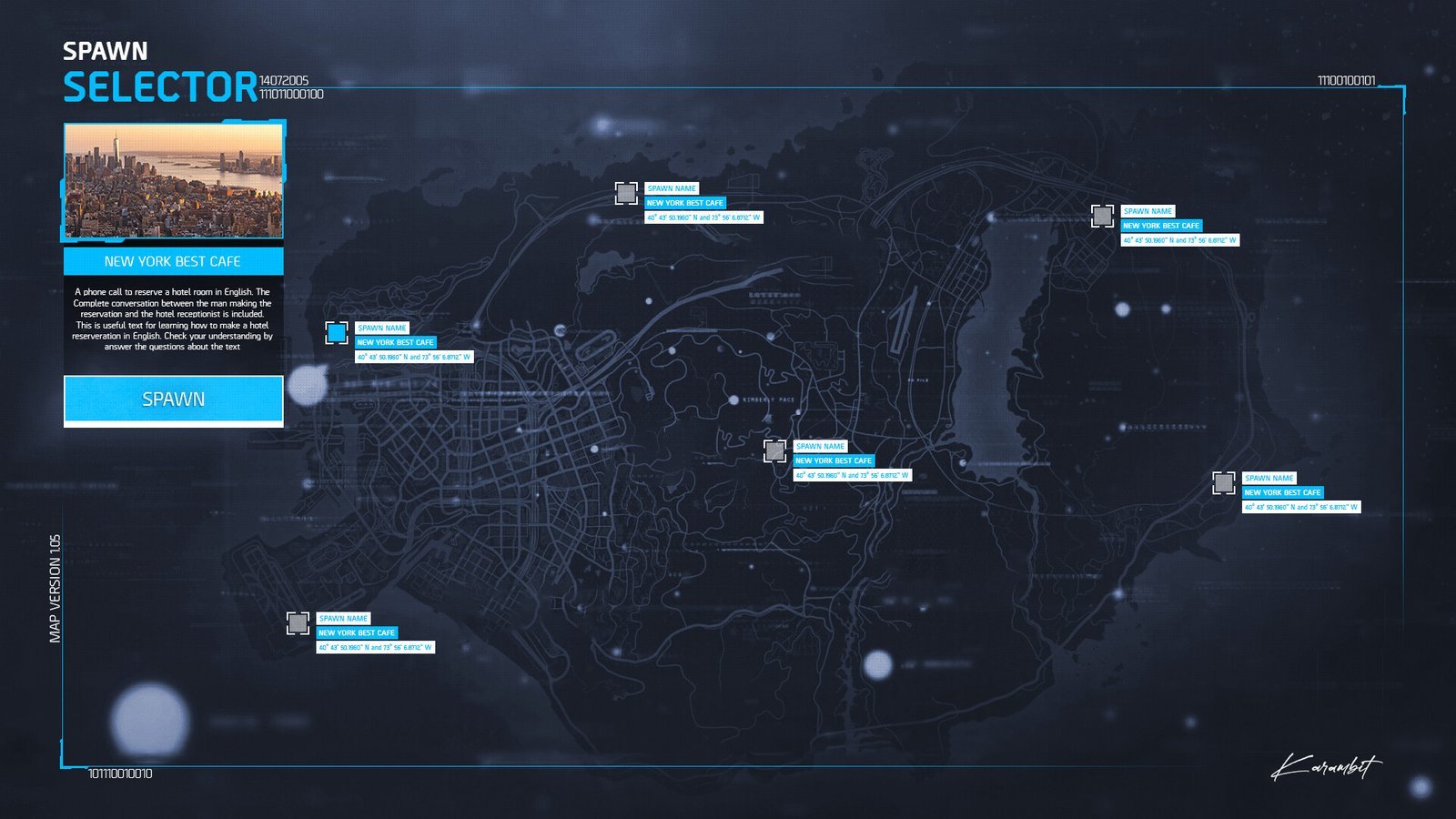 Spawn selector screen with a city map and location markers. Game UI design by Karambit.