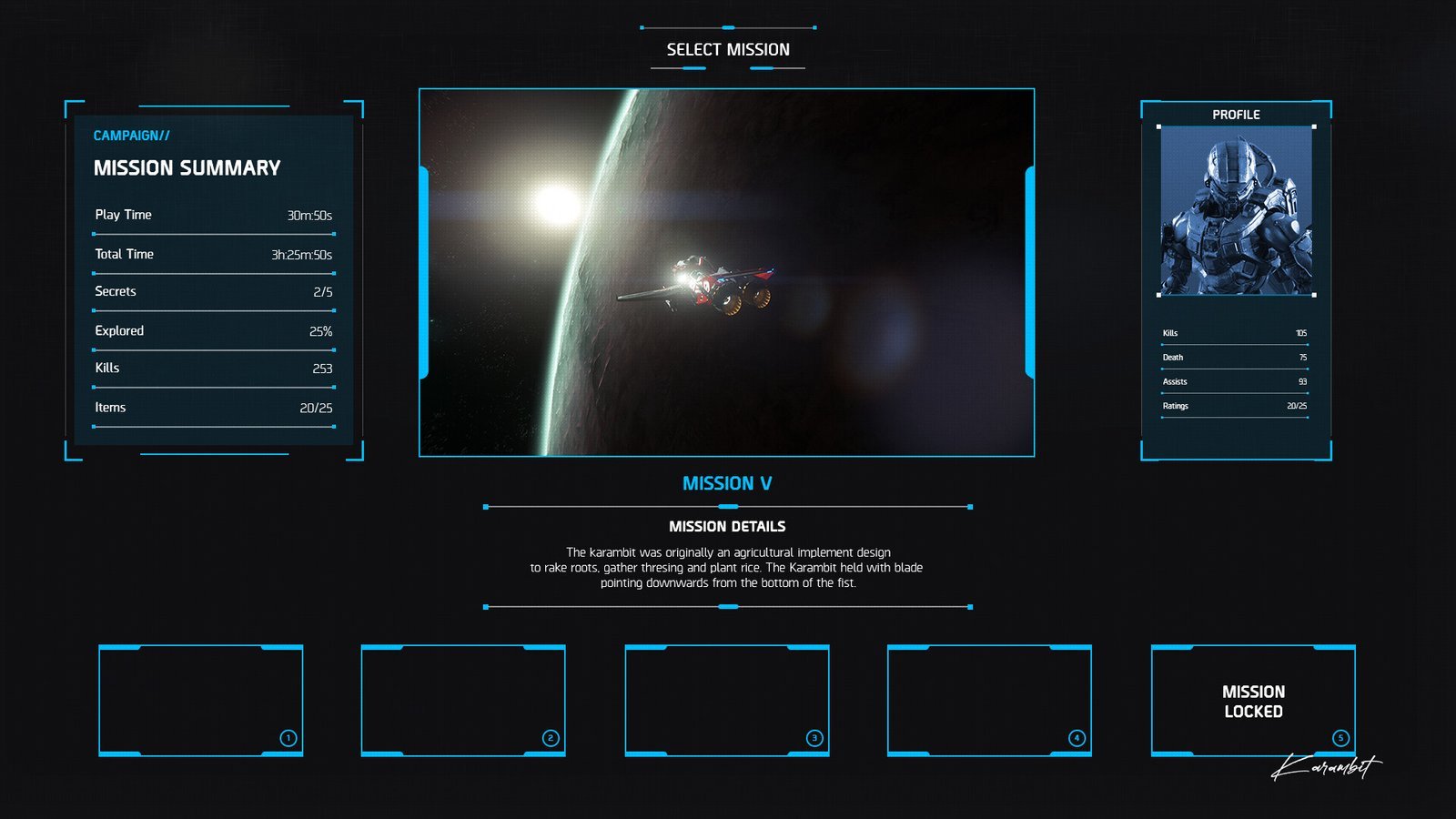 Mission select screen with mission summary, details and squad panels. Game UI design by Karambit.