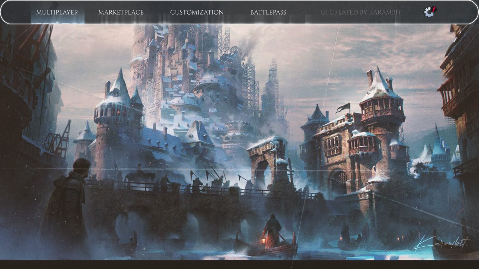 Menu bar over a snowy castle scene with multiplayer, marketplace and customization tabs. Game UI design by Karambit.