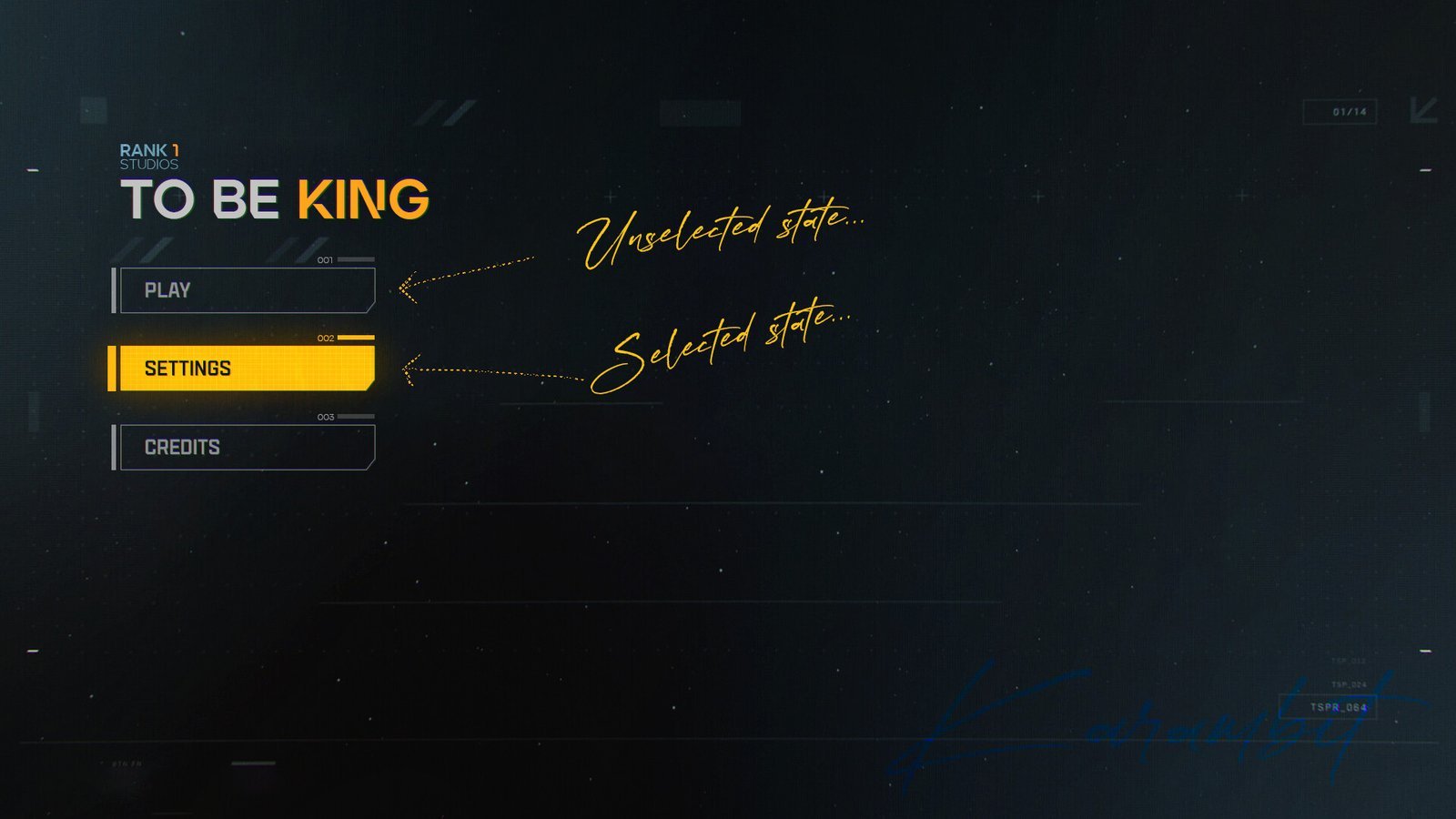 To Be King main menu with selected and unselected button states. Game UI design by Karambit.