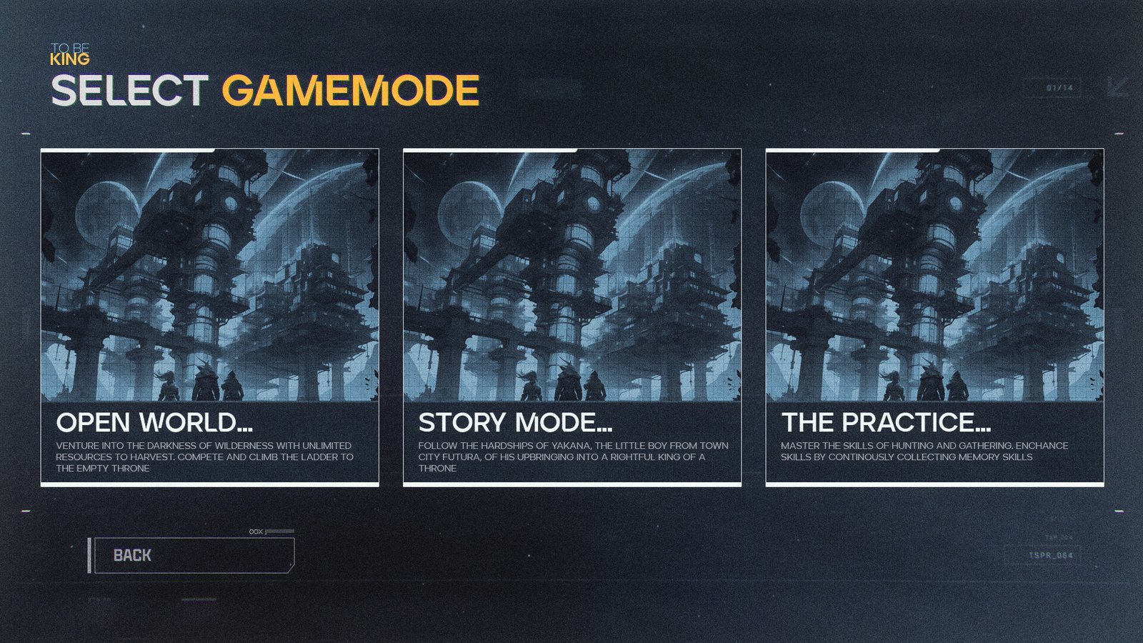 Select gamemode screen with open world, story and practice cards. Game UI design by Karambit.
