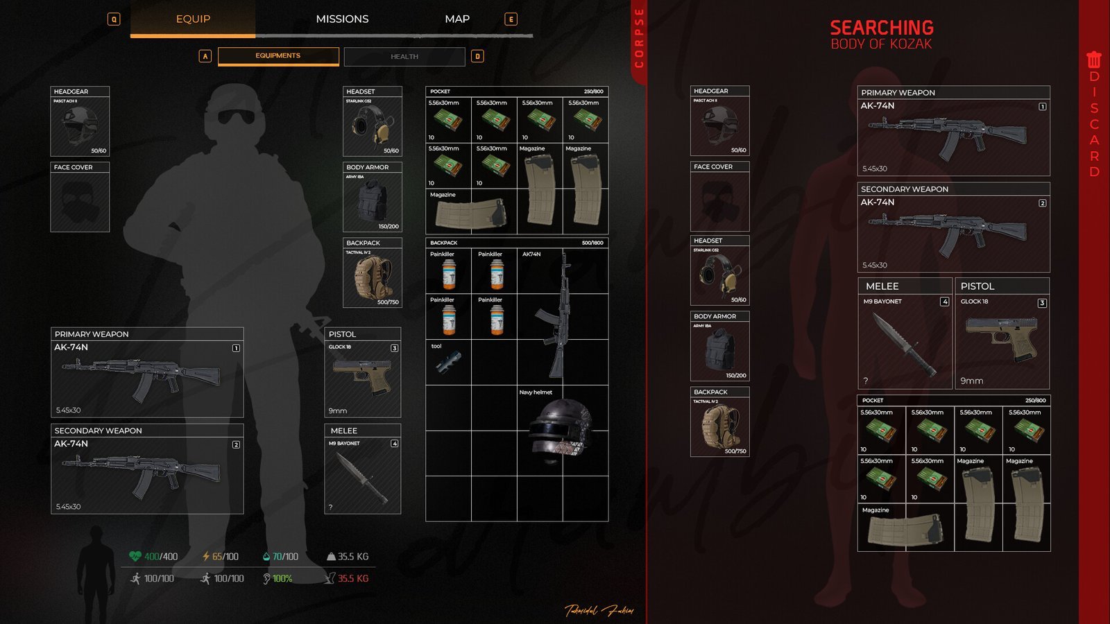 Inventory screen with a search panel and weapon attachment slots. Game UI design by Karambit.