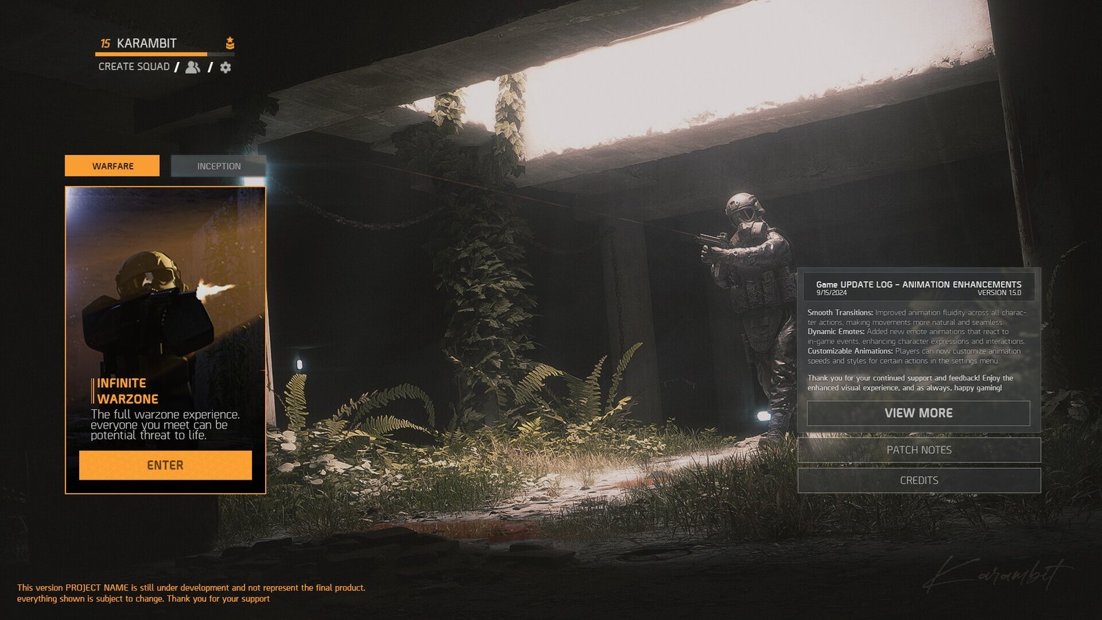 Mission briefing screen with a squad card in a ruined underpass. Game UI design by Karambit.