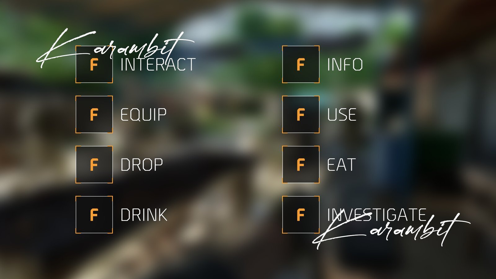 Interaction prompts: interact, equip, drop, drink, info, use, eat and investigate. Game UI design by Karambit.